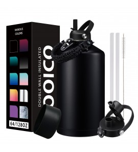1 Gallon Stainless Steel Water Jug - Keep Cold-48H & Hot-24H, Metal Water Bottle 1 Gallon w/ Paracord Handle, Straw & Spout Lid, Leakproof Wide Mouth Metal Water Canteen for Hiking Camping, Black