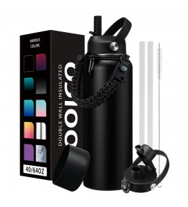 Vacuum Insulated Water Bottle 40oz - with Straw & Spout Lids, Paracord Handle for Sport, Protective Cup Mat, BPA-Free Reusable Insulated Water Bottle - Black Hydro Bottle with Straw,Cold-48H Hot-24H