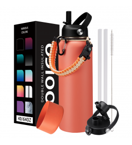 40oz Insulated Water Bottle with Straw & Spout Lids, Double Wall Vacuum Insulated Stainless Steel Flask for Gym, Protective Boot & Paracord Handle