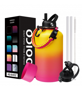 64oz Insulated Water Bottle with Straw & Spout Lids, Half Gallon Stainless Steel Jug, Leakproof, Cold 48H & Hot 24H