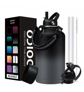 64oz Insulated Water Bottle with Straw & Auto Spout Lids & Paracord Handle,Wide Mouth Stainless Steel Water Bottles 1/2 Gallon Metal Sports Water Jug for Gym Travel Camping
