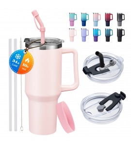 40oz Insulated Tumbler with Handle and Straw, Stainless Steel Travel Coffee Mug, Keeps Cold 34 Hrs & Hot 10 Hrs, Leakproof Water Bottle for Car Office Gym (Pink)