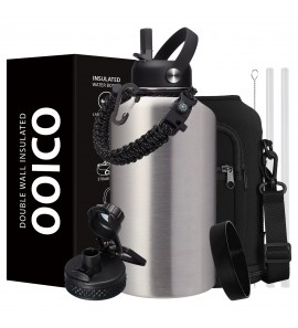 64oz Insulated Water Bottle with Straw & Spout Lids, Half Gallon Stainless Steel Water Jug, Leakproof Metal Water Bottle, Keeps Cold 48H & Hot 24H, Wide Mouth for Gym & Outdoor