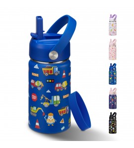 Stainless Steel 12oz Kids Water Bottle with Straw, BPA-Free, Leakproof, Insulated Water Bottle for School, Blue Car Simple Gift for Boy Girl