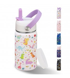 12 oz Kids Insulated Water Bottle with Straw, Leakproof, BPA Free, Stainless Steel Double Wall Vacuum Cup for School Boy Girl, Modern White Dinosaur
