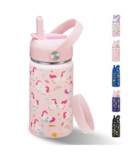12 oz Toddler Insulated Water Bottle w/ Straw - Spill-Proof, BPA-Free, Cold 24h Hot 12h, Stainless Steel Kids Bottle for School, Travel & Gift