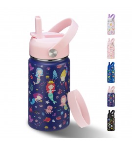 12 oz Kids Insulated Water-Bottle w/ Straw - Cold 24h Hot 12h, Spill-Proof & BPA-Free, Stainless Steel Toddler Water Bottle for School & Outdoor