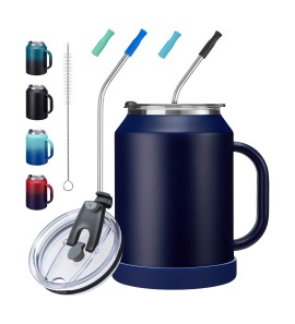50oz Insulated Tumbler with Handle and Straw, Stainless Steel Travel Coffee Mug, Double Wall Vacuum Metal Thermal Cup Keep Cold 36 Hrs Hot 24 Hrs, Leakproof BPA-Free