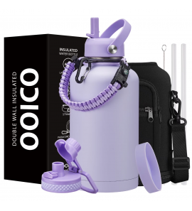 Half-Gallon Insulated Water Bottle 64oz - with Straw Spout Lids, Paracord Handle, Storage Carrier Bag, Vacuum Metal Stainless Steel Water Jug Cold-48H & Hot-24H