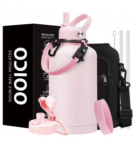 Half-Gallon Water Bottles 64oz with Straw - Spout Lid, Paracord Handle, Strap Carrier Bag & Flask Boot, Insulated Water Bottle Metal Sports Water Jug Cold 48H Hot 24H