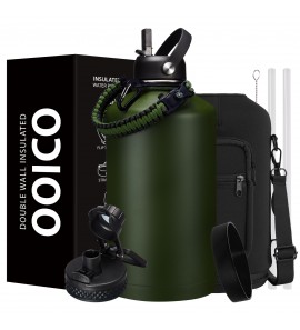 1 Gallon Insulated Water Bottle 128 oz - with Straw, Spout Lids, Strap Carrier Bag, Protective Boot, Stainless Steel Water Jug 64 OZ Flask Cold-48h & Hot-12h