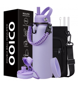 40 OZ Insulated Water Bottle with Straw - Auto Spout Lid, Stainless Steel Flask Cold for 48H, Metal Water Jug with Strap Carrier Bag, Paracord Handle & Flask Boot, Purple